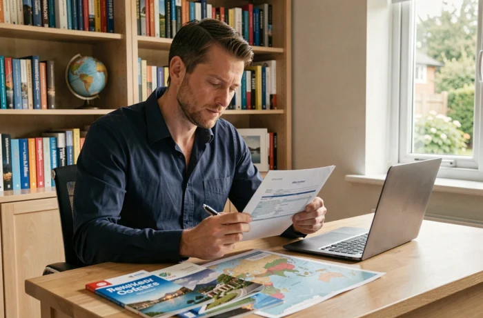 Un homme examinant attentivement un contrat d'assurance voyage sur un bureau entouré de cartes et guides de voyage