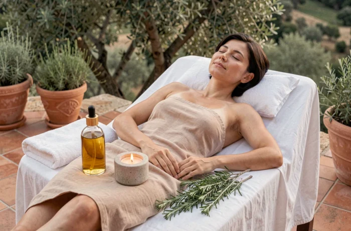 Femme allongée sur une table de spa en extérieur entourée de produits de beauté et bien-être sur une terrasse méditerranéenne