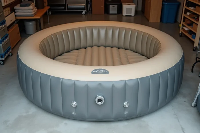 Spa gonflable MSPA Lite entièrement dégonflé et replié sur le sol d'un garage, valve ouverte visible au premier plan