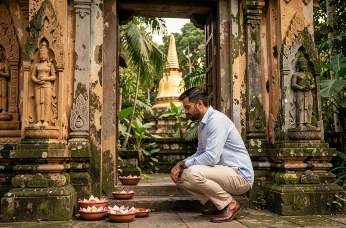 Un voyageur découvrant un temple bouddhiste ancien au Sri Lanka entouré de sculptures en pierre et d'offrandes de lotus