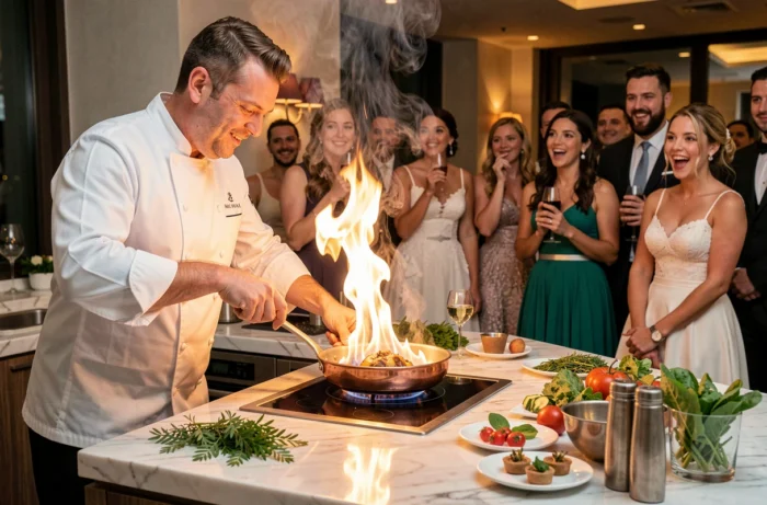 Chef cuisinier en tablier blanc réalisant une démonstration de cuisine en direct lors d'un repas de mariage devant des convives attentifs
