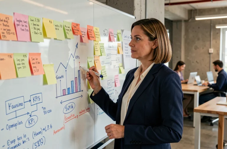 Femme cheffe d'entreprise analysant des stratégies de croissance sur un tableau blanc dans un bureau moderne