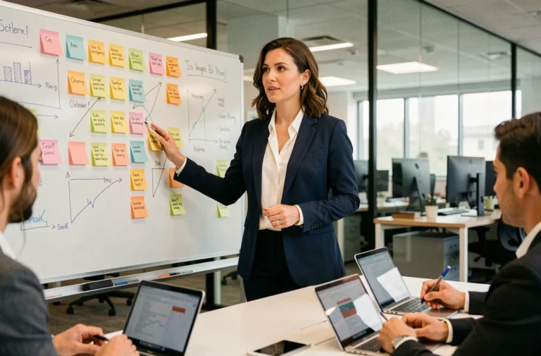 Femme d'affaires présentant une stratégie marketing innovante à son équipe dans un bureau moderne