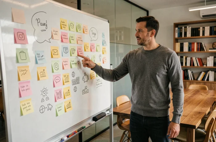 Consultant en marketing digital présentant une stratégie de visibilité sur un tableau blanc dans une salle de réunion