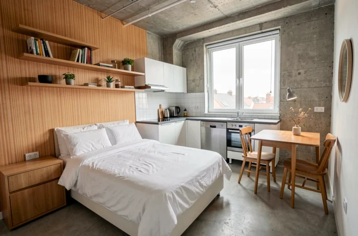 Studio meublé LMNP aménagé pour la location courte durée avec literie blanche et cuisine équipée