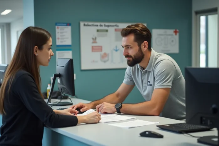 Agent du service informatique universitaire aidant un étudiant à résoudre ses problèmes d'accès à la messagerie académique sur le campus de Clermont-Ferrand