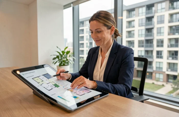 Syndic de copropriété utilisant un portail digital de gestion immobilière sur tablette dans un bureau moderne