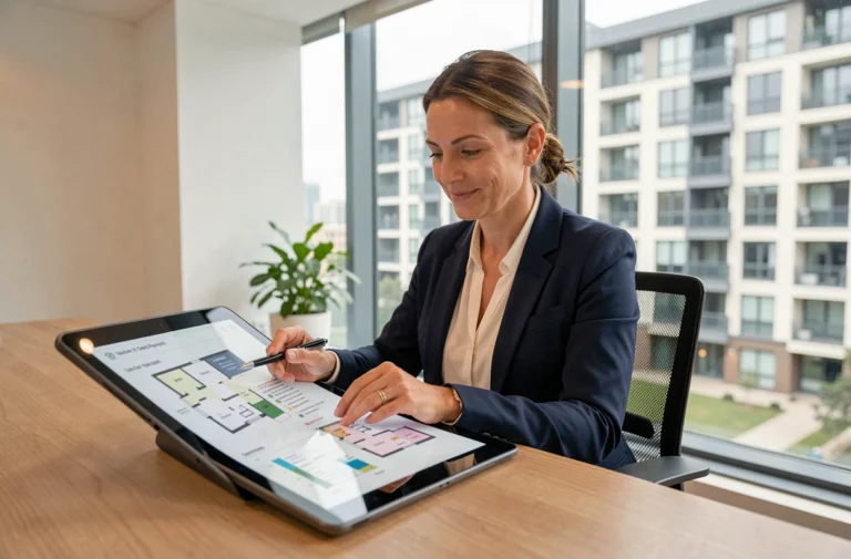 Syndic de copropriété utilisant un portail digital de gestion immobilière sur tablette dans un bureau moderne
