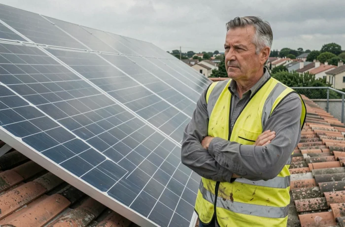 Technicien en installation solaire debout sur un toit avec des panneaux photovoltaïques dans un contexte de litige commercial