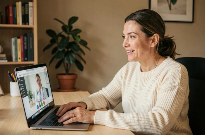 Femme en téléconsultation médicale depuis son bureau à domicile, parlant avec un professionnel de santé en ligne