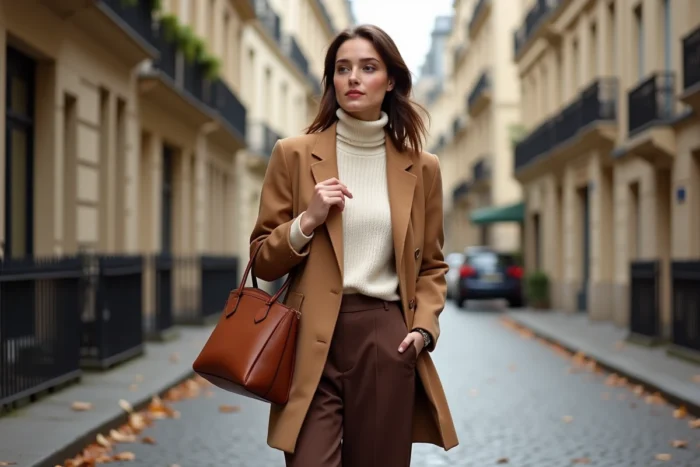 Femme élégante portant un blazer camel oversize et un pantalon large marron dans une rue pavée parisienne en automne