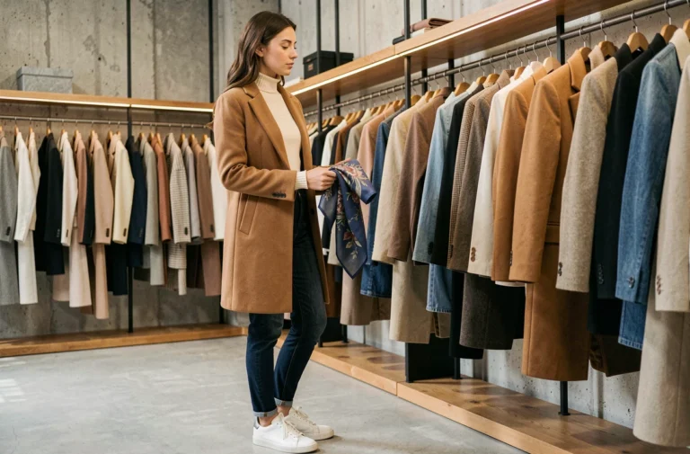 Jeune femme élégante en manteau camel parcourant des vêtements dans une boutique de mode parisienne minimaliste