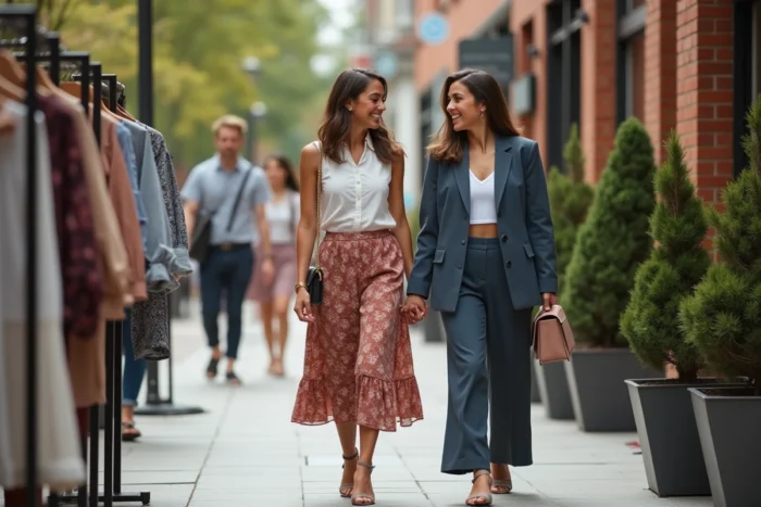 Deux femmes tendance faisant du shopping en tenue mode dans une rue commerçante urbaine animée