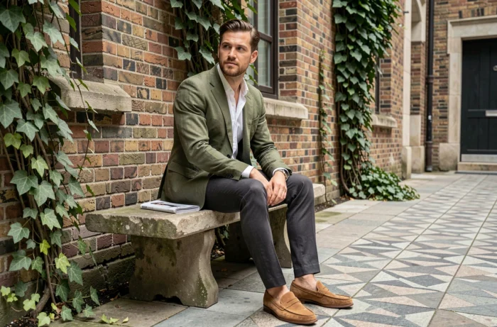 Uomo stiloso in blazer di lino oliva seduto in un cortile urbano con muri di mattoni, che illustra le tendenze moda maschile