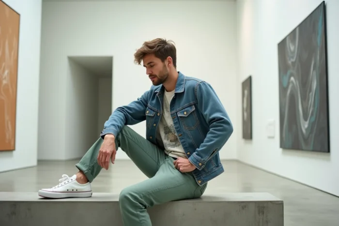 Homme en veste en jean et chino vert sauge assis dans une galerie d'art contemporaine au style minimaliste