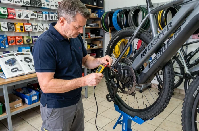 Technicien testant les connexions électriques du moteur d'un Rockrider E-ST 100 dans un atelier vélo