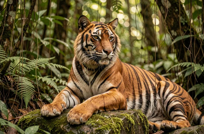 Tigre du Bengale majestueux allongé sur un rocher moussu au cœur d'une forêt tropicale dense, illustrant la diversité fascinante des grands félins sauvages