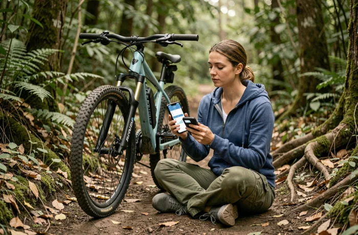 Femme vérifiant l'écran de diagnostic d'un vélo électrique Rockrider en forêt pendant une sortie