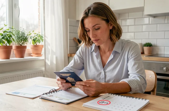 Une femme vérifiant ses papiers d'identité et son passeport sur une table de cuisine avec un calendrier et une checklist