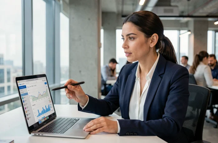 Professionnelle analysant des statistiques de visibilité en ligne sur un ordinateur portable dans un bureau moderne