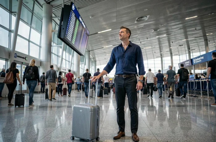 Homme voyageur dans un aéroport international consultant le tableau des départs lors d'un voyage organisé sur mesure