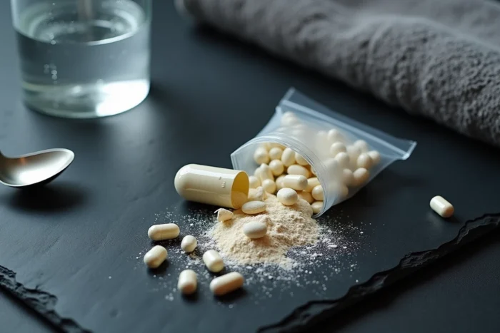 Photographie en vue du dessus de créatine en poudre et capsules de probiotiques sur une ardoise sombre pour la performance sportive